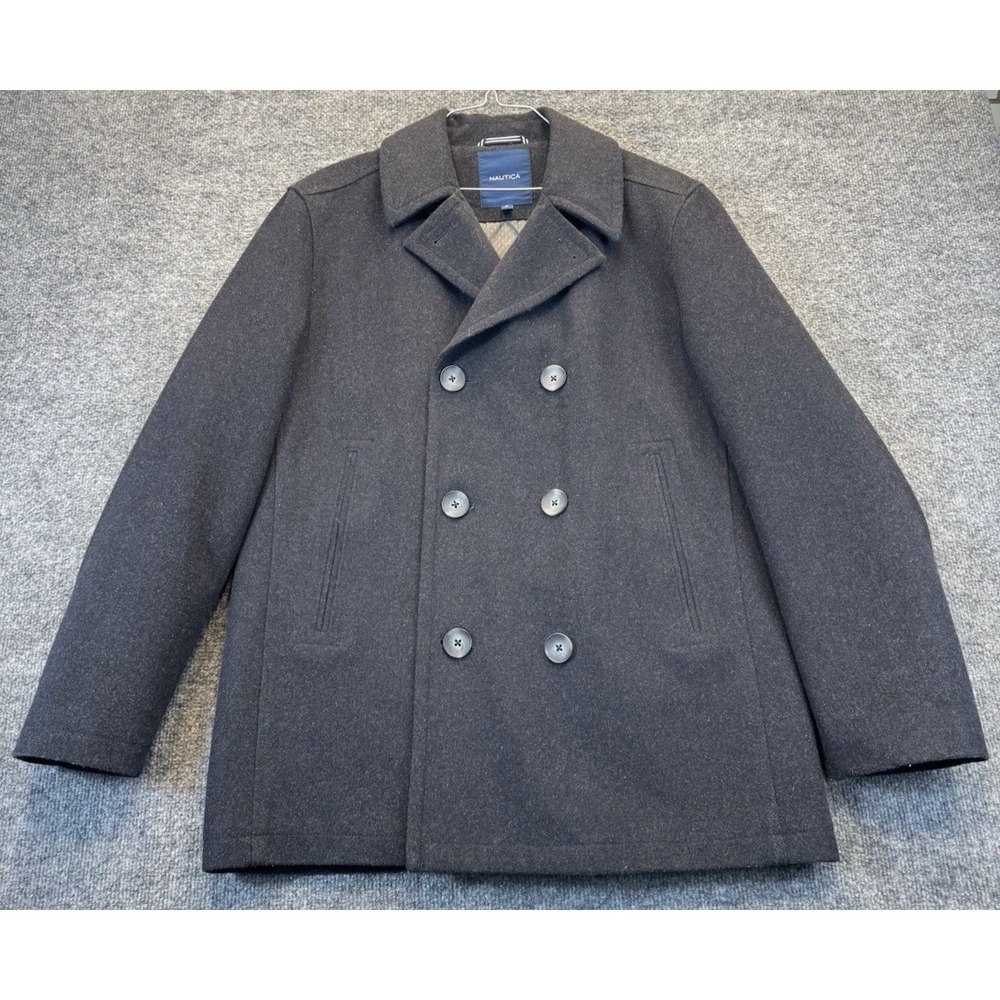 Nautica Men's M Charcoal Wool Blend Peacoat Double Breasted Quilted Lined